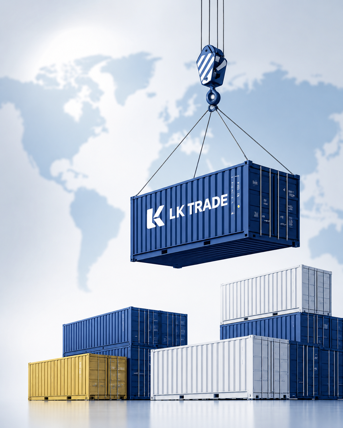 Подвесной контейнер LK TRADE и контейнеры на фоне карты мира