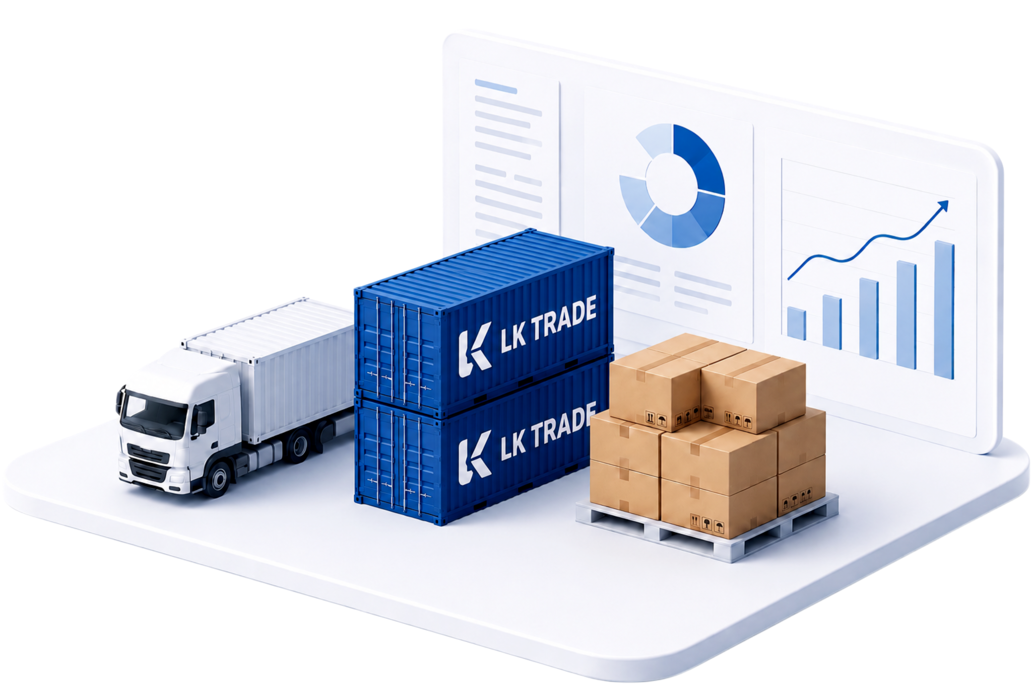 Оптимизационная логистика LK TRADE: грузовик, контейнеры, паллета с коробками и аналитика